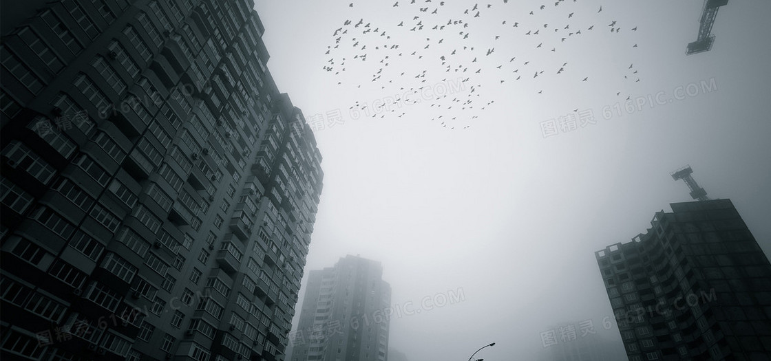 雾霾冬季城市黑白灰色调天空海报背景