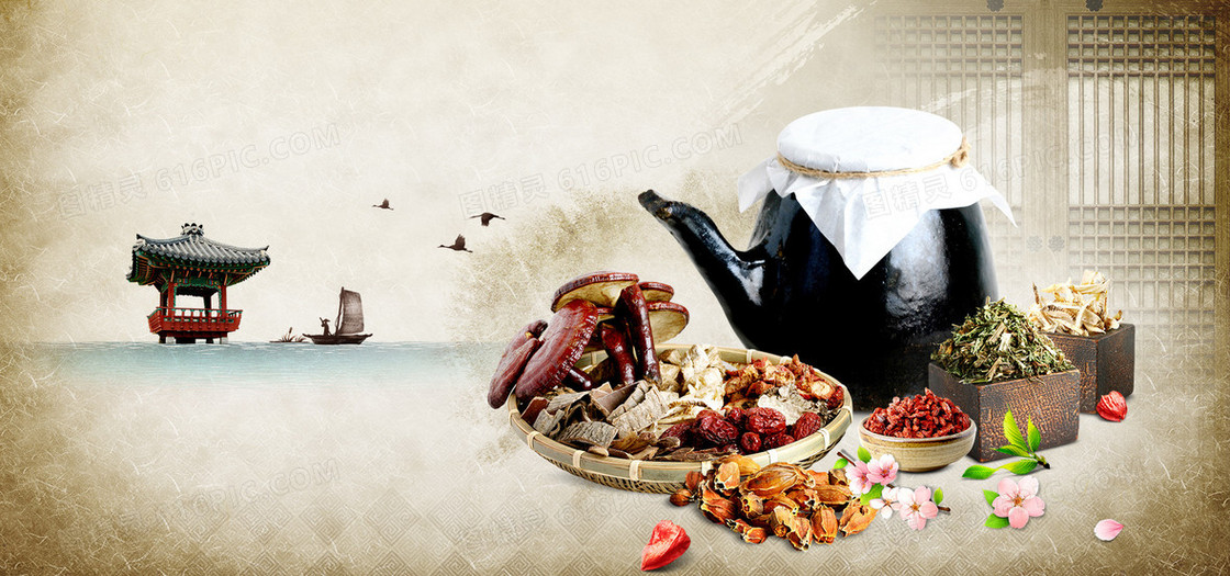 韩式料理美食食物中药养生凉亭水墨画报banner