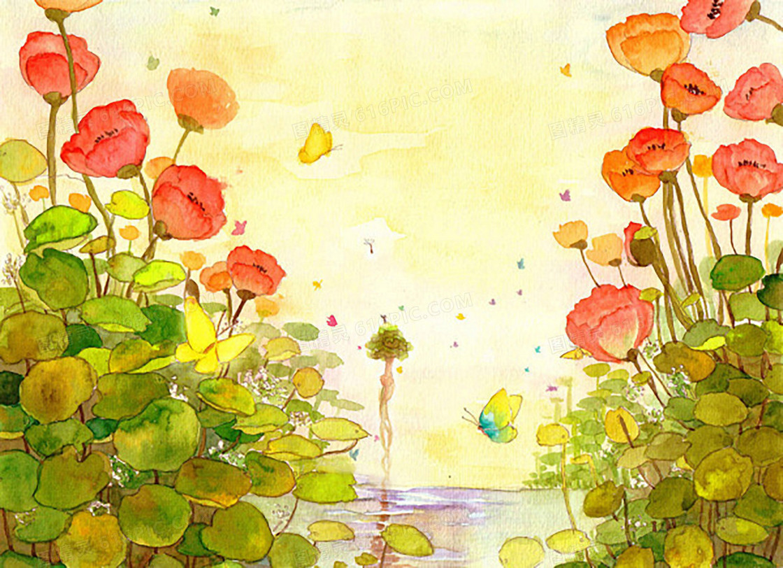 水彩风童趣红色花朵绿叶背景