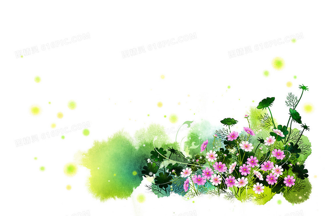 手绘绿色小红花鲜花叶子印刷背景