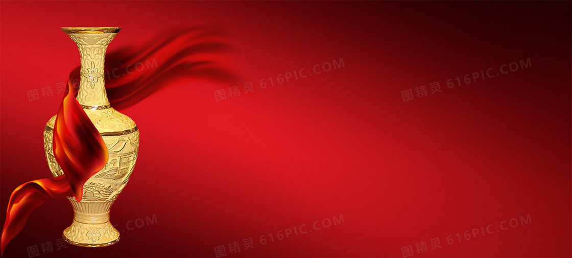 中国风红色喜庆大气丝绸花瓶背景banner