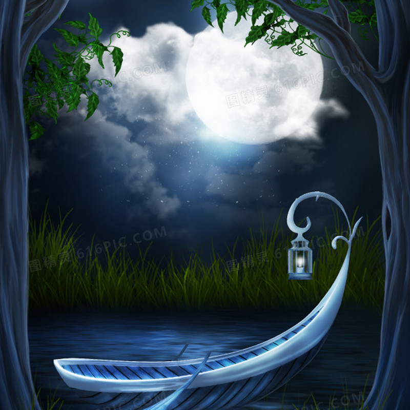 梦幻童话小船月亮背景图