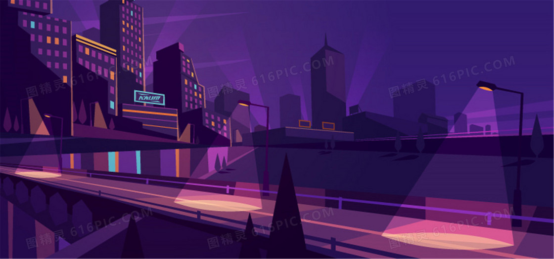 紫色卡通城市背景