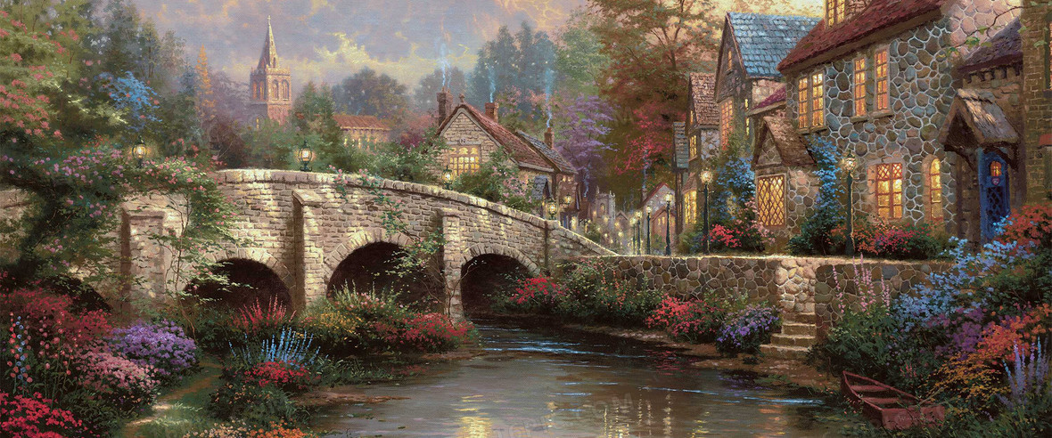 油画  粉彩 村庄 森林 松树