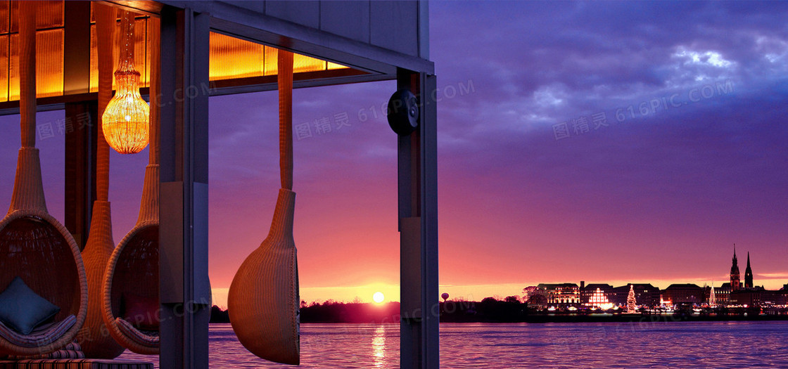 水上餐厅夕阳都市湖海报banner