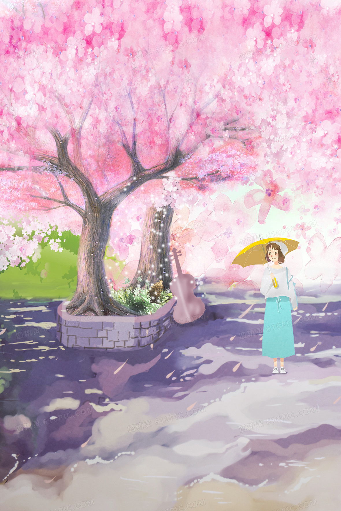 樱花下的少女背景图图片
