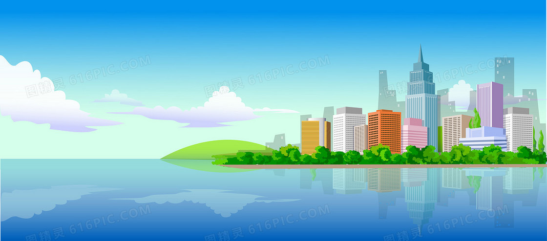 临湖小区手绘背景画素材