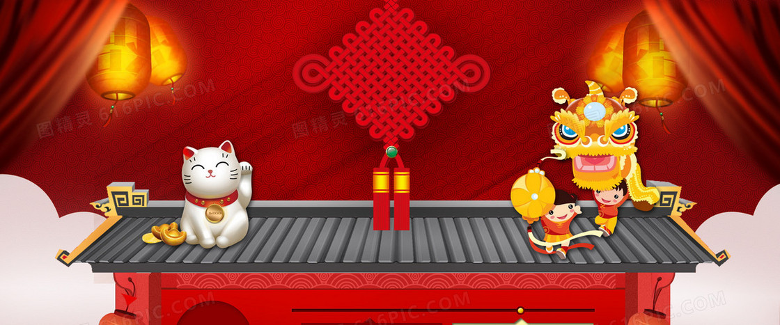 新年扁平红色海报banner背景