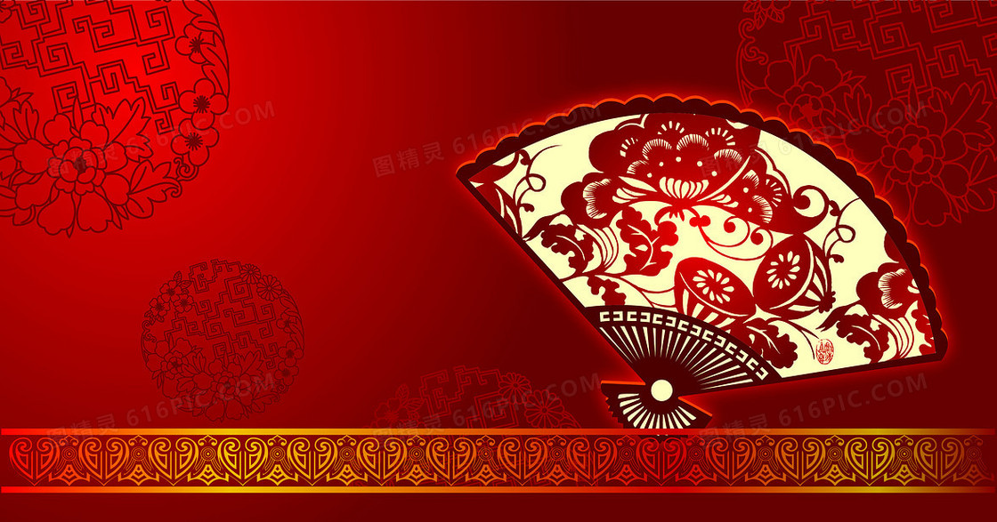 中国风中国红剪纸花纹边框折扇背景素材