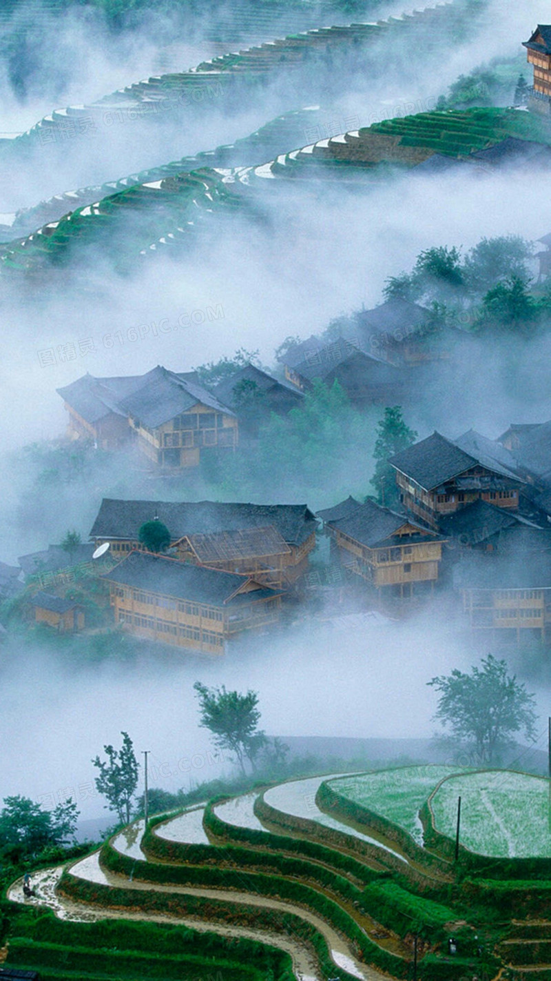 烟雾缭绕的农村清晨H5背景素材