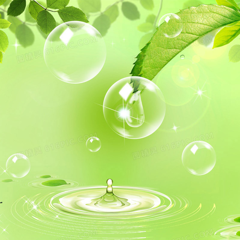 小清新绿叶晶莹水滴泡泡主图背景