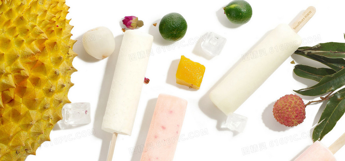 日系夏日清新文艺榴莲荔枝柠檬冰块美食水果冰棒质感纹理背景