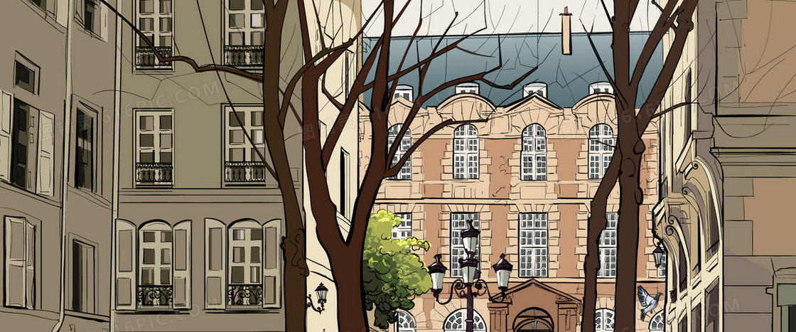 时尚街景插画banner背景