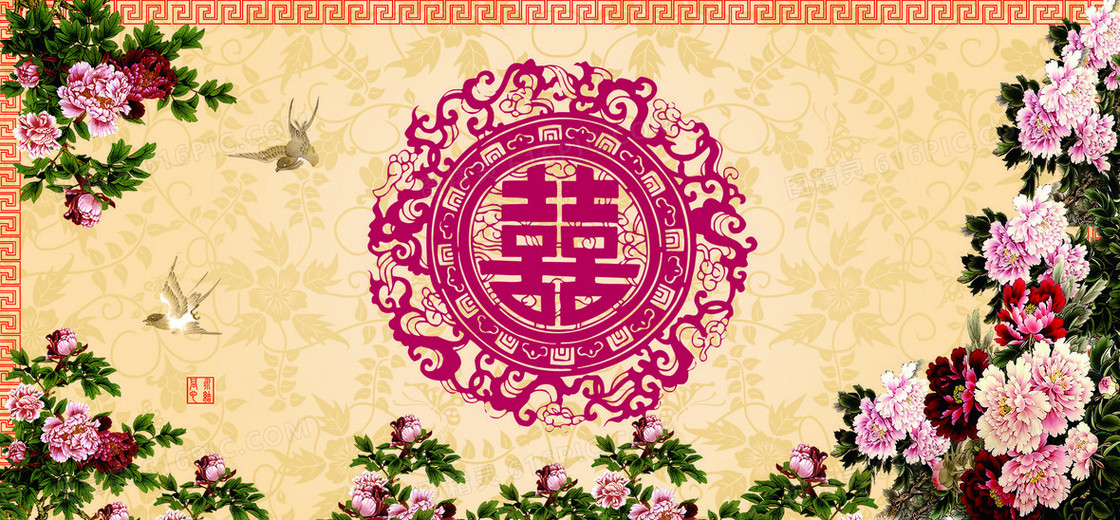 奢华婚礼中国风纹理黄色banner背景