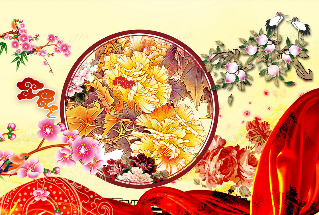 中国风中式花格里的富贵牡丹春节背景素材
