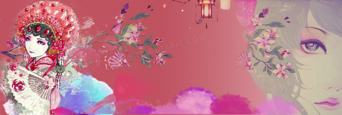 桃红戏曲古装美女桃花红色背景