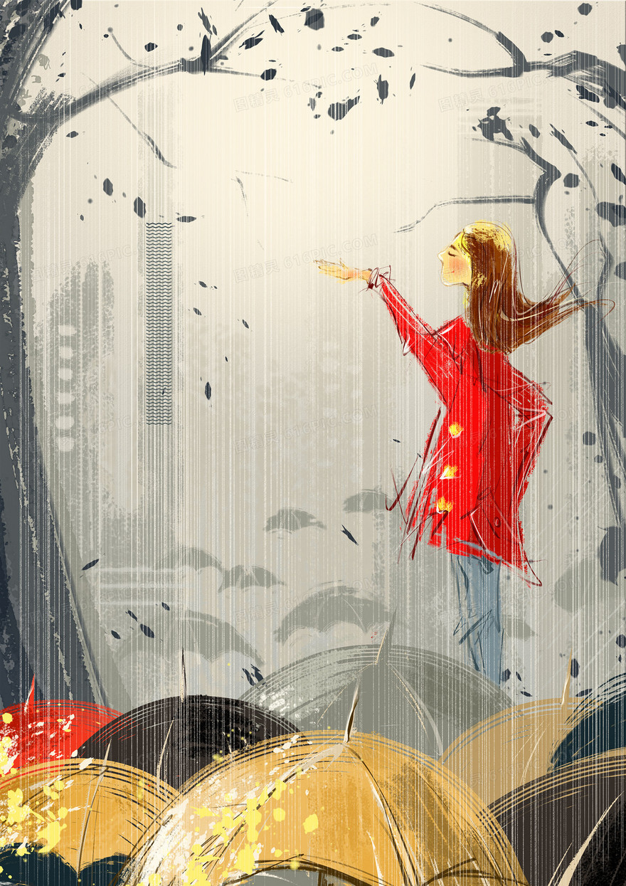 中国传统24节气插画雨水海报背景素材