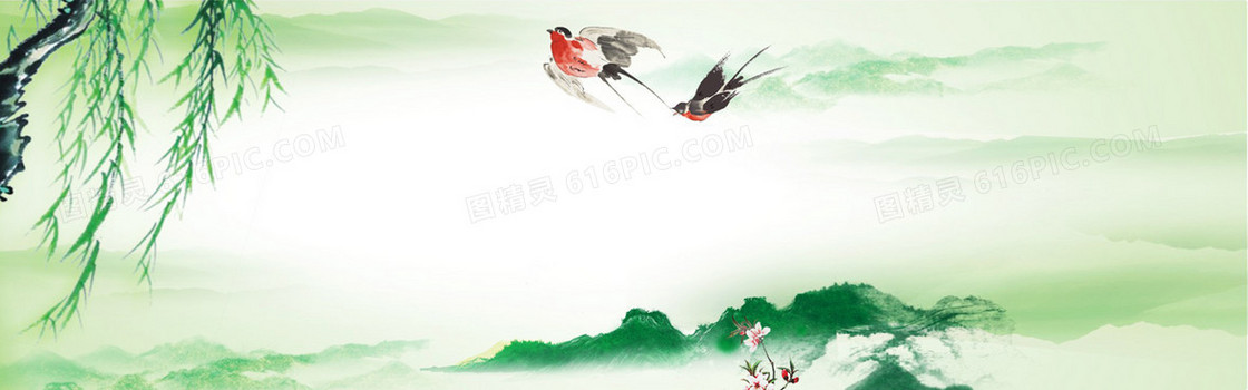 杨柳微距渐变手绘中国风绿banner