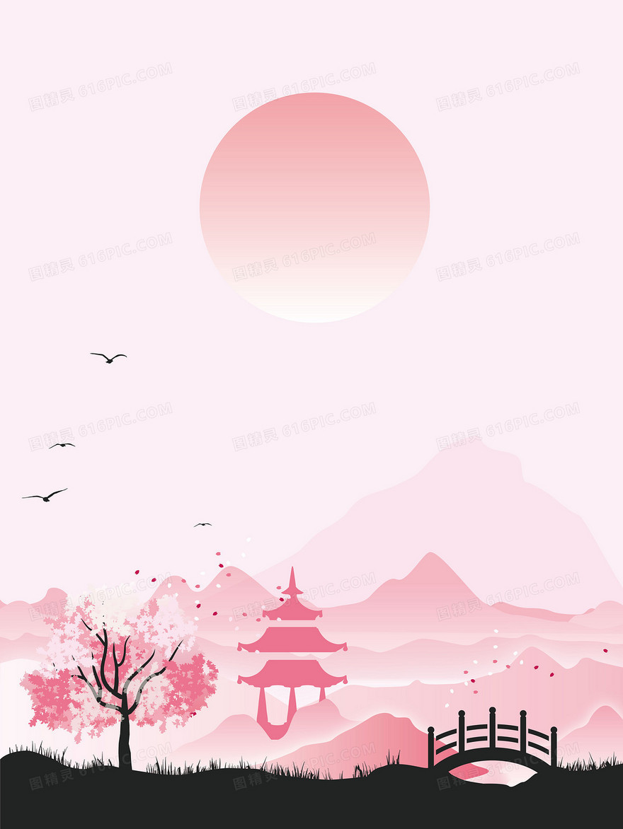 矢量中国风粉红色风景背景
