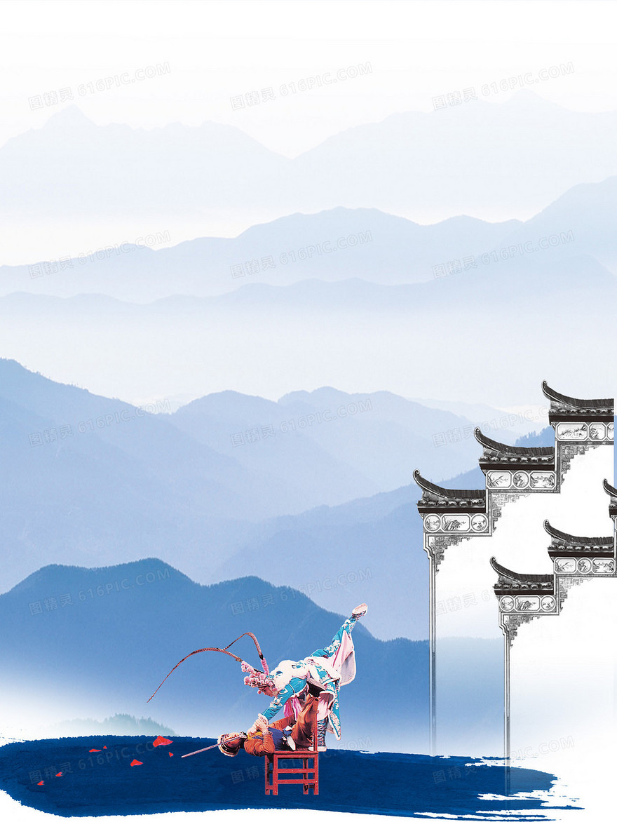 蓝色屋檐山川背景