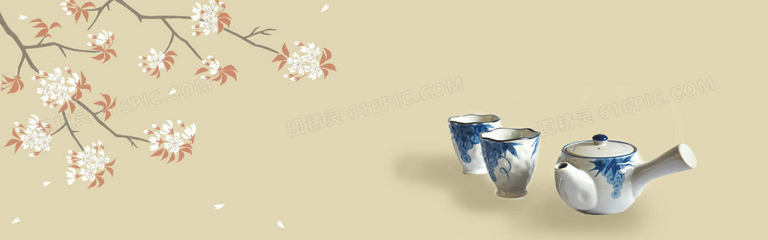 茶具花枝和风古典背景