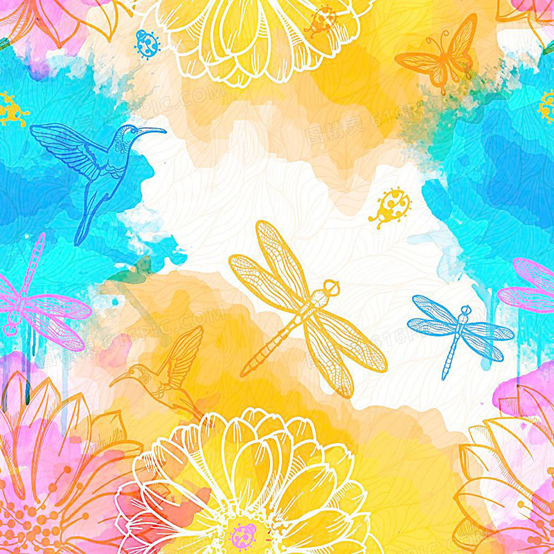 彩色手绘线描花朵昆虫背景