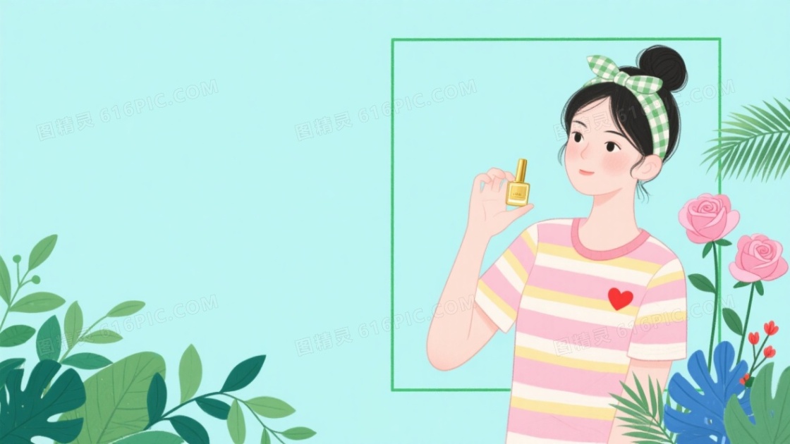 浅青插画风女性植物背景