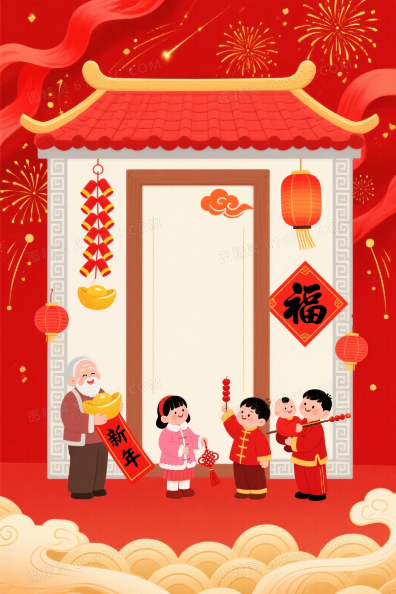 正红喜庆中国风门楼背景