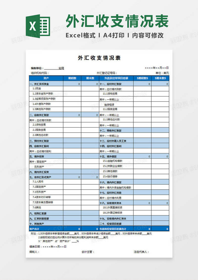 外汇收支情况表Excel模板
