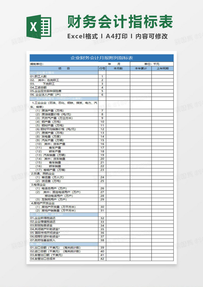 企业财务会计月报指标表