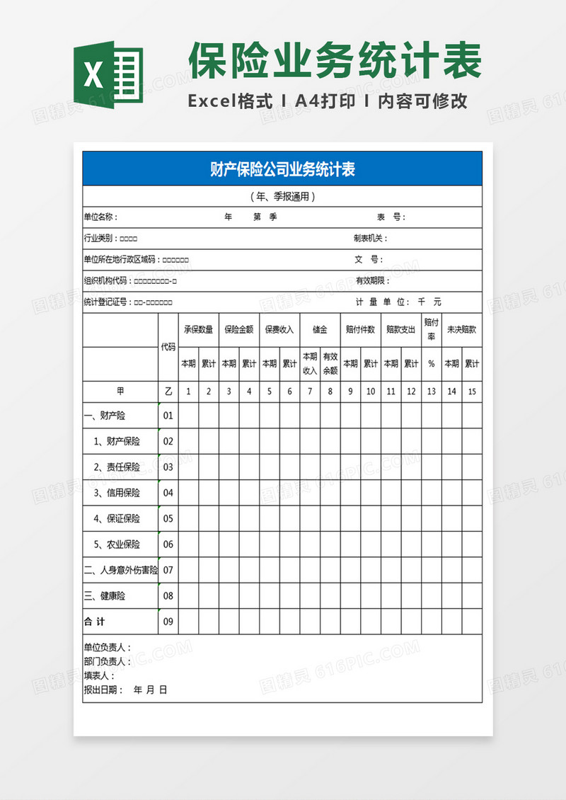 财产保险公司业务统计表excel模板
