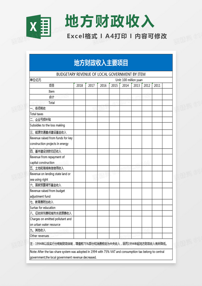 地方财政收入主要项目excel模板 
