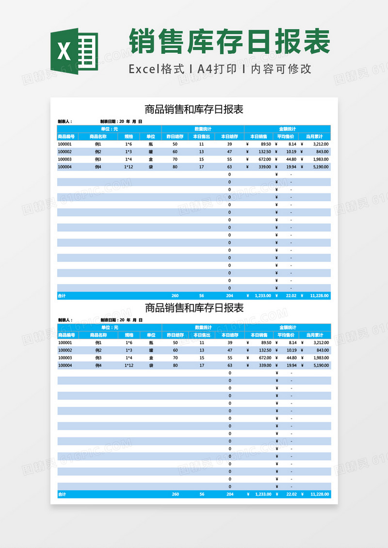 商品销售和库存日报表excel表格模板