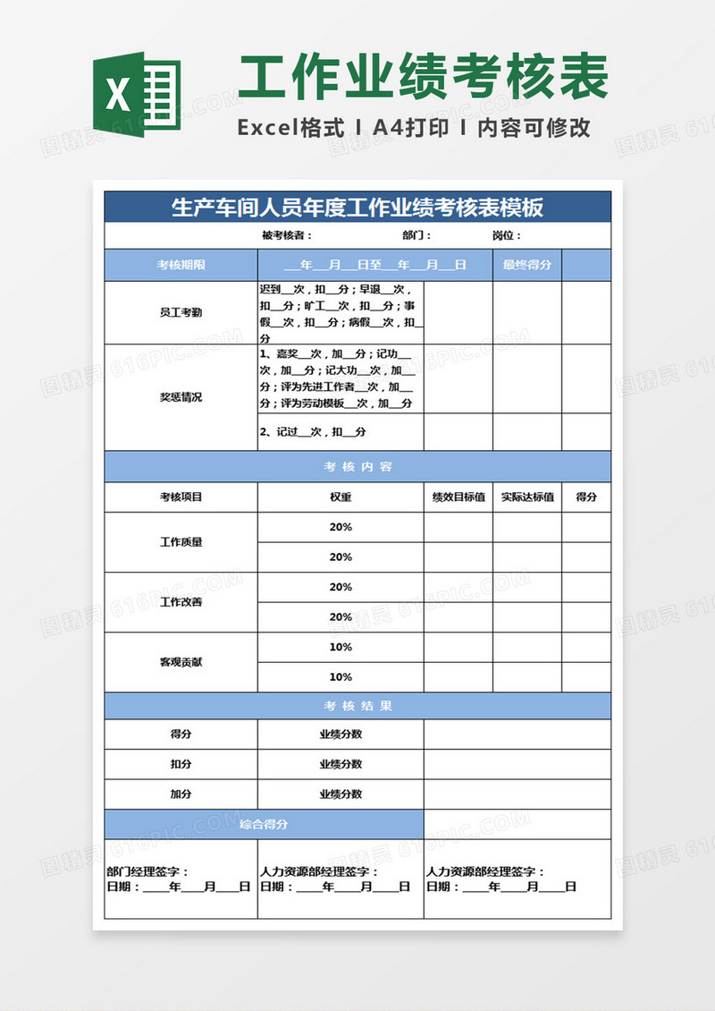 生产制造人员年度工作业绩考核表 Excel表格