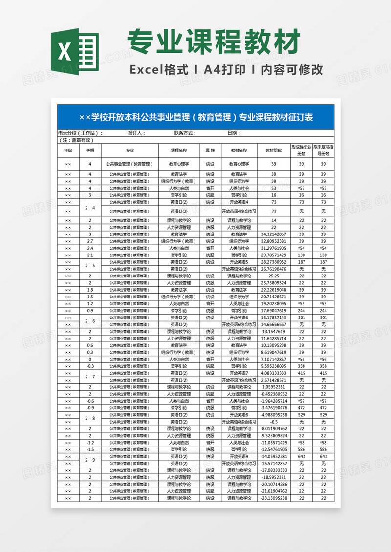 学校开放本科公共事业管理教育管理专业课程教材征订表