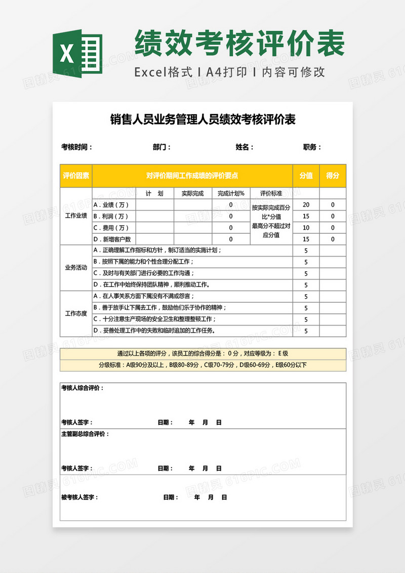 销售人员业务管理人员绩效考核评价表excel表格模板