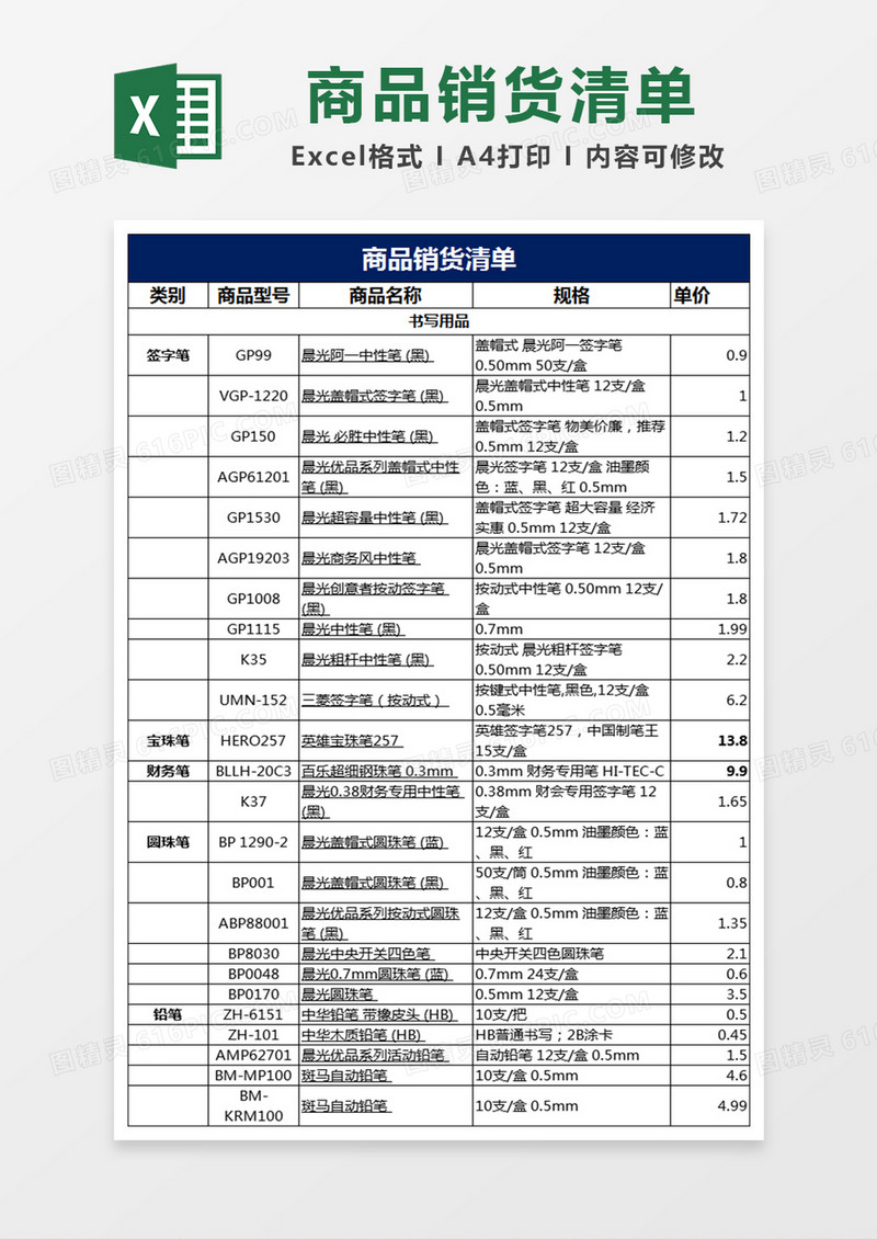 办公用品清单及报价（超全）excel表格