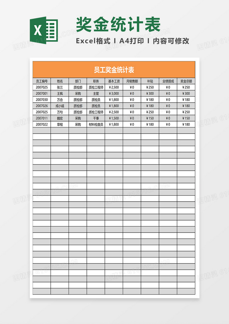 奖金统计表excel模板