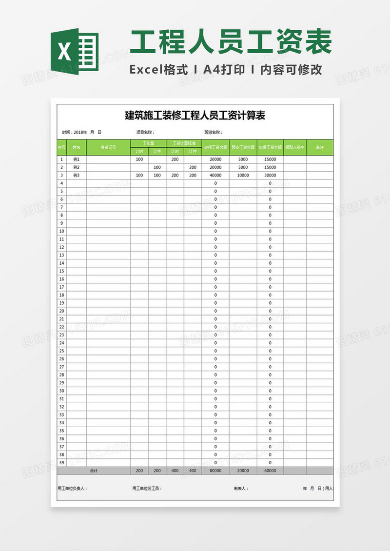 建筑施工装修工程员工薪资计算表