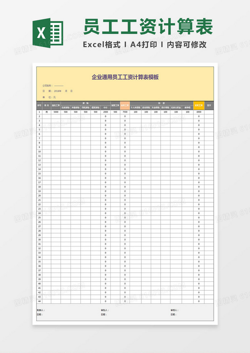 企业员工工资计算表模板通用模板