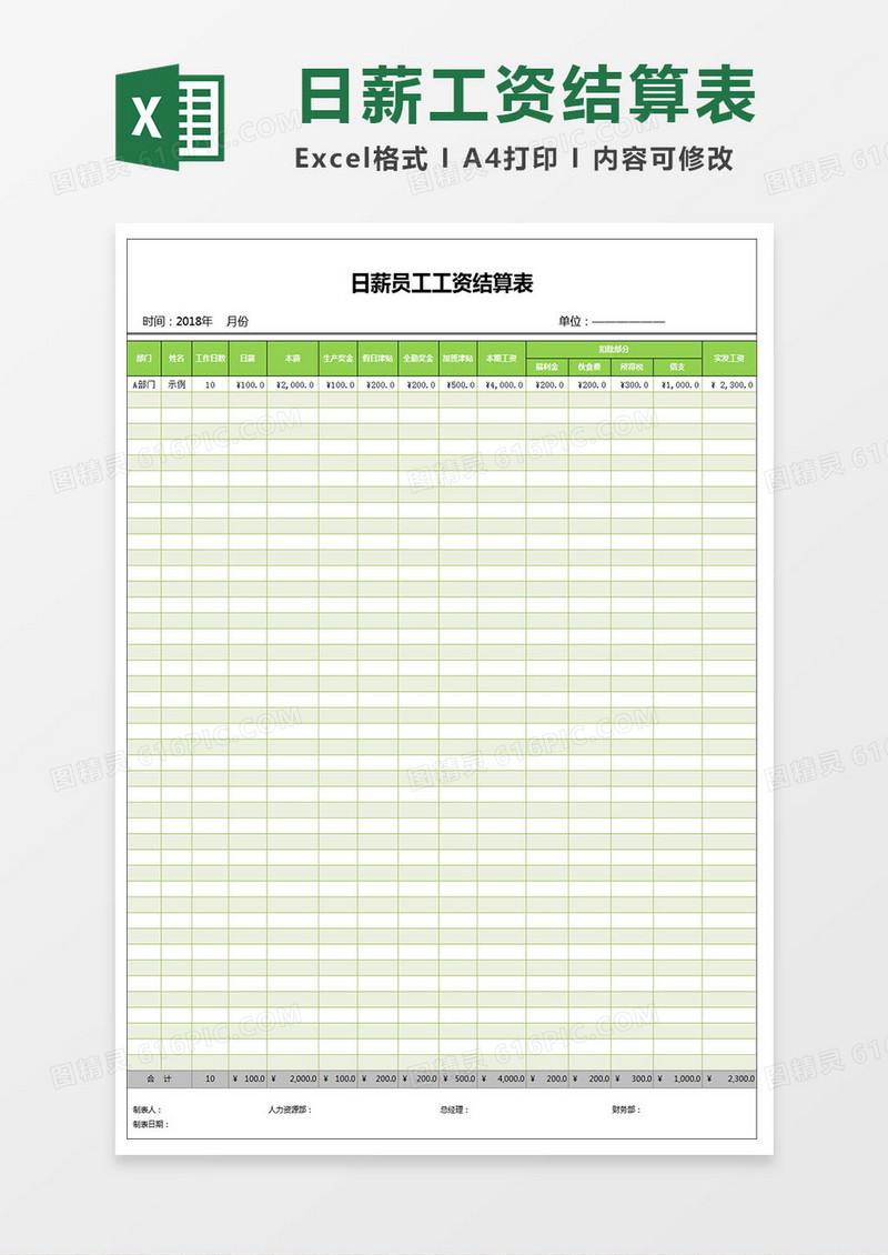 日薪员工工资结算表Excel模板