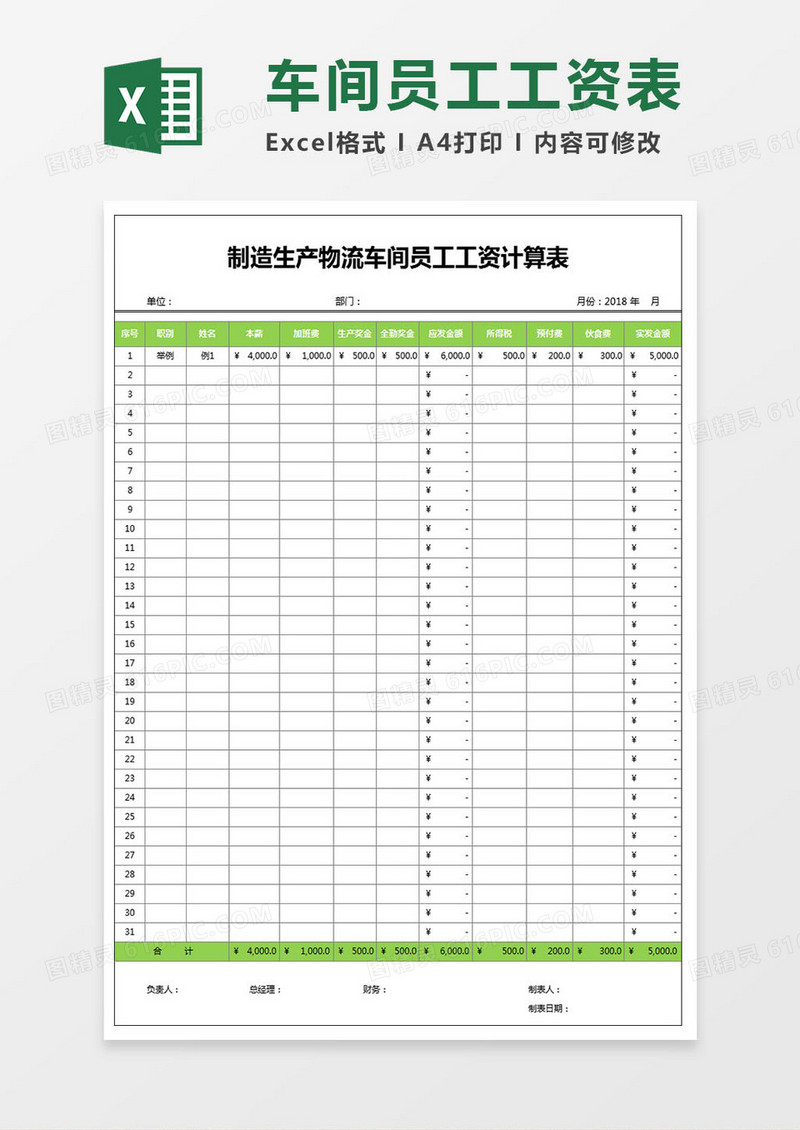 生产制造物流车间员工工资计算表