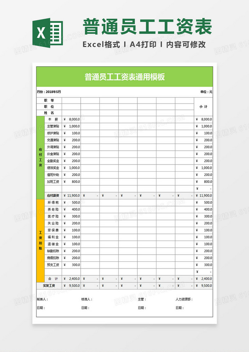 企业普通员工工资表通用Excel模板