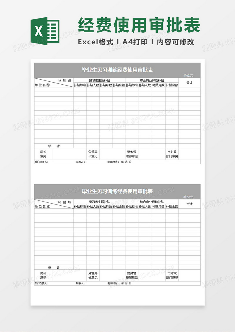 毕业生见习训练经费使用审批表Execl表格