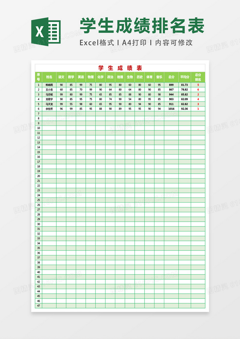 学生成绩统计表EXCEL表格模板
