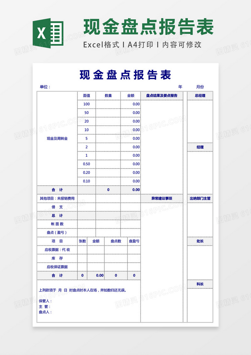 现金盘点报告表excel模版表格