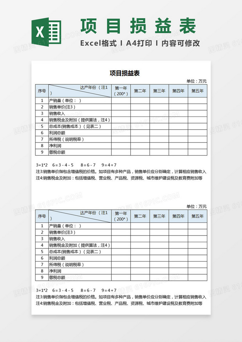 项目损益表格Excel模板
