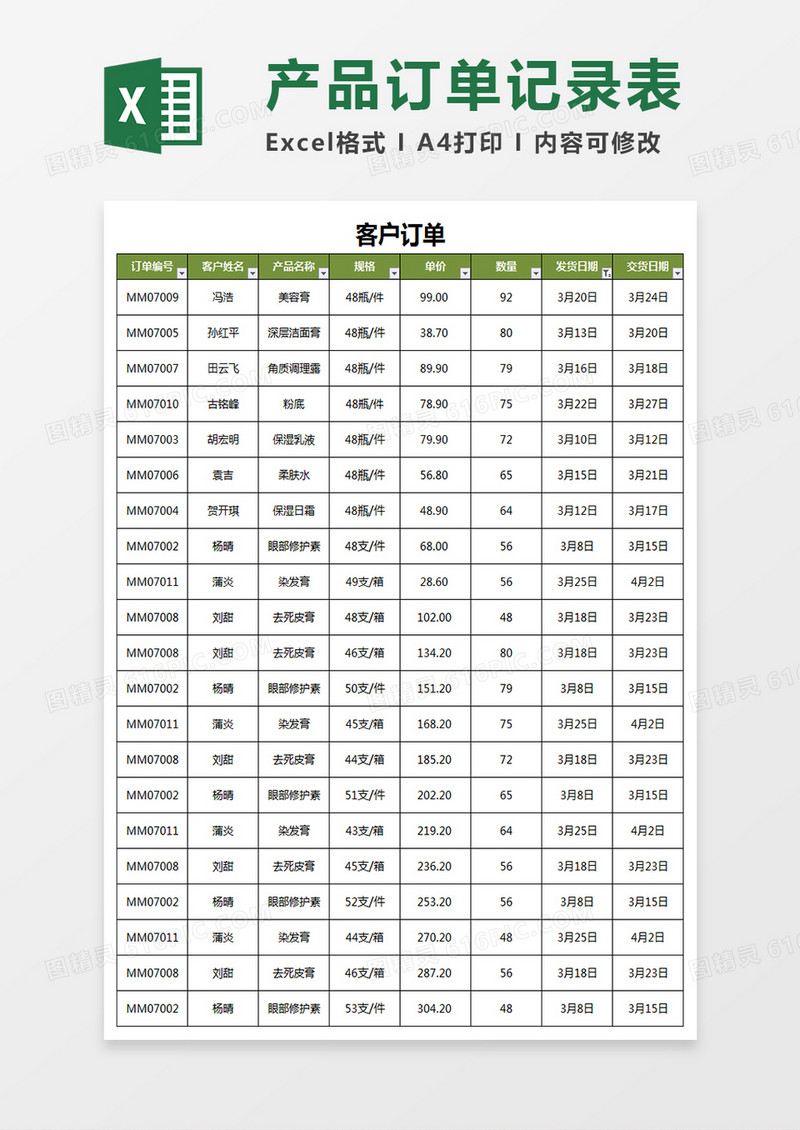 产品的订单记录表excel模板
