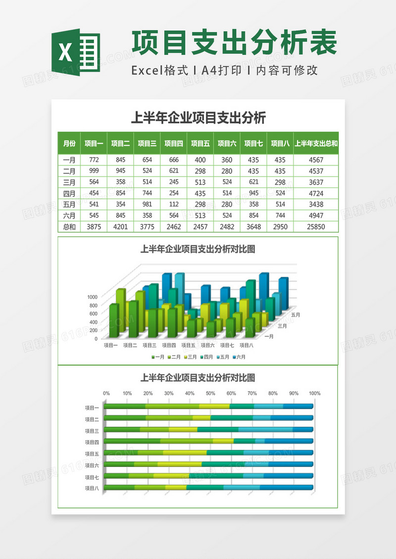 上半年企业项目支出分析表Excel模板表格
