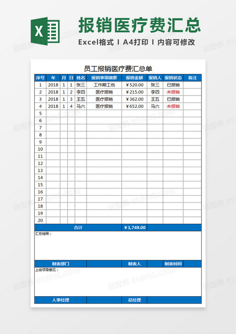员工报销医疗费汇总单excel表格模板